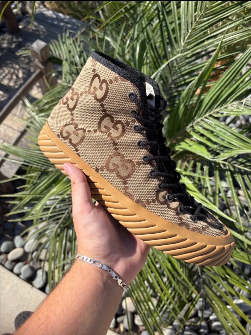 Gucci Beige & Brown GG Canvas High-Top Sneaker with Tan Sole